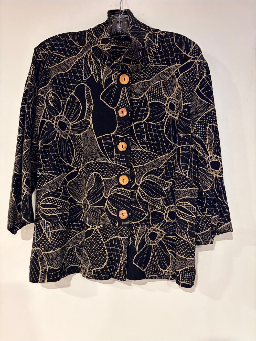 Onque Casuals Art to Wear Floral Mock Neck Shirt Jacket Size XL Black Beige